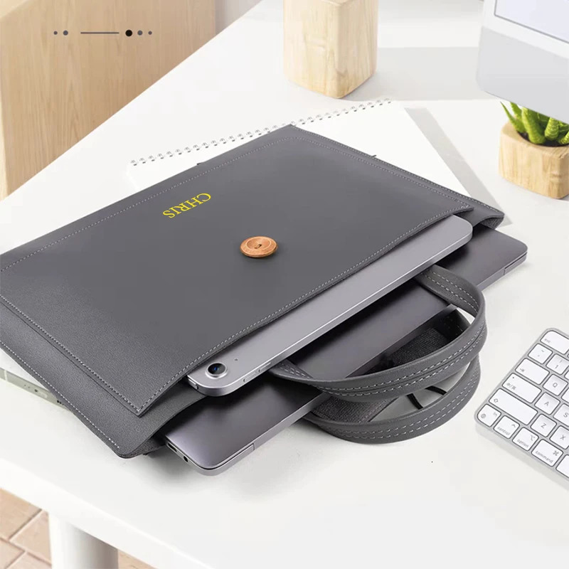 Custom Initials Envelope Laptop Bag Business Leather Student Tablet Computer Portable Waterproof Official Briefcase Handbag 240320