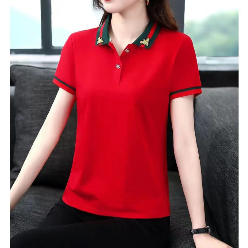 Polo Dress Women Summer Solid Short Sleeve Polo Shirt Slim Sport Polo Embroidered T-shirt Polos Mujer Blusas 240329