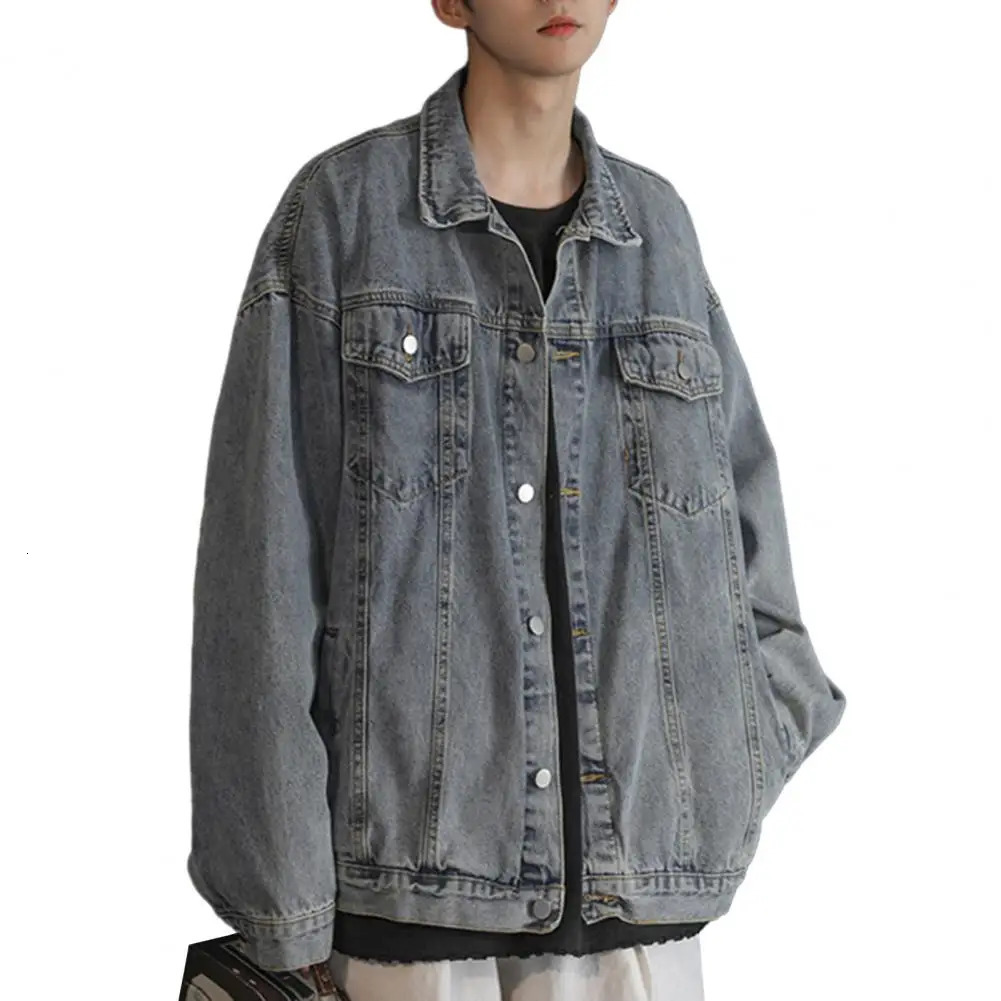 Men Denim Jacket Men Jacket Retro Hip Hop Style Denim Jacket with Multi Pockets Plus Size Men Coat for Casual Streetwear 240319