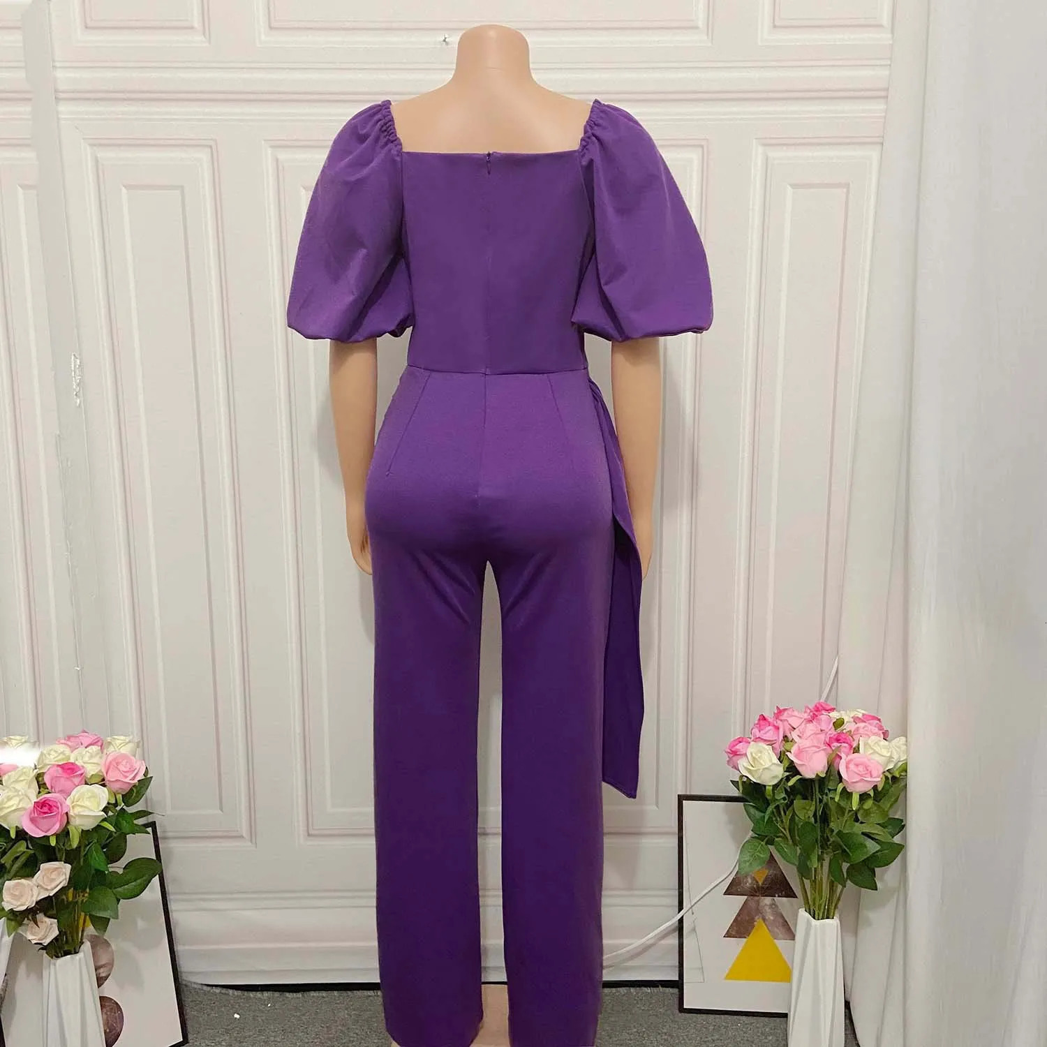 Elegant Jumpsuits Rompers for Women Square Neck Lantern Sleeve High Waisted Solid Straight Female Birthday Party Dinner Outfit 240315