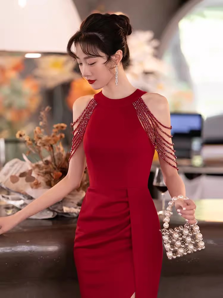 Wine red Women Cocktail Long Maxi Dress off Shoulder Side Split Formal Prom Evening Party Ball Gown