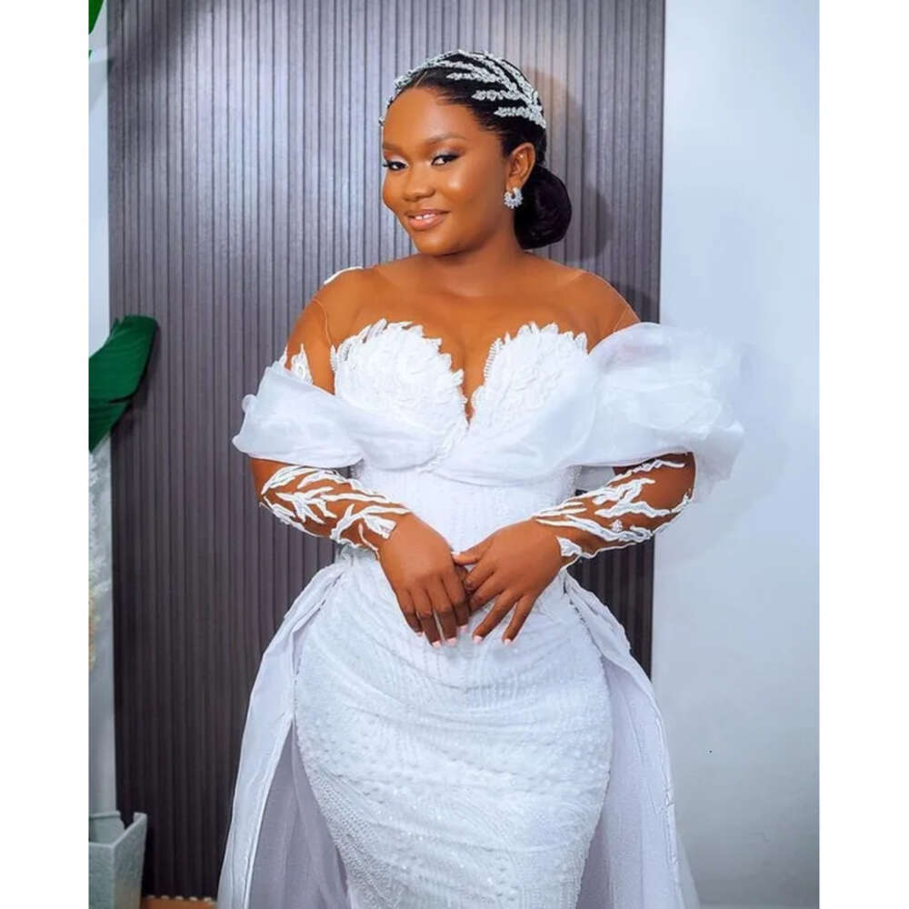 Oct Arabic Ebi Aso Plus Size White Mermaid Wedding Dress Sequined Lace Detachable Train Bridal Gowns Dresses ZJ Es