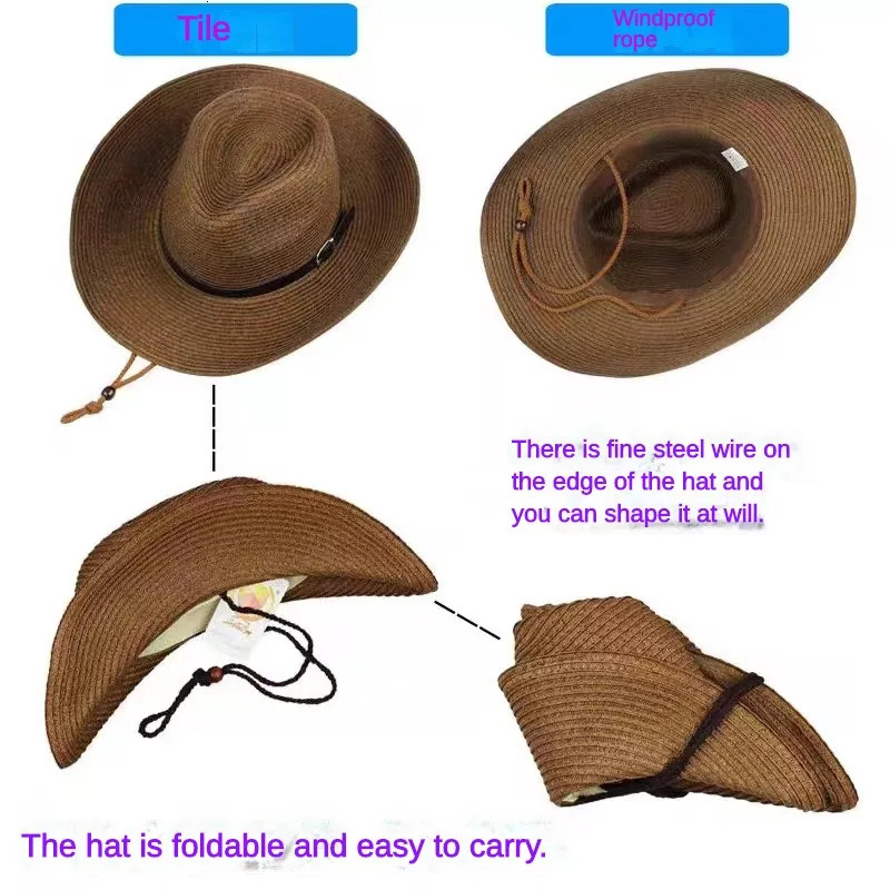 Large Size 62cm Foldable Jazz Straw Hat Men and Women Summer Beach Lanyard Sunscreen Outdoor Sports Sun Wholesale 240309