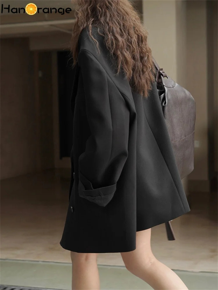 HanOrange Spring Fashion Retro Wide Shoulder Double Breasted Suit Coat Women 3D Straight Blazer BlackOat 240321
