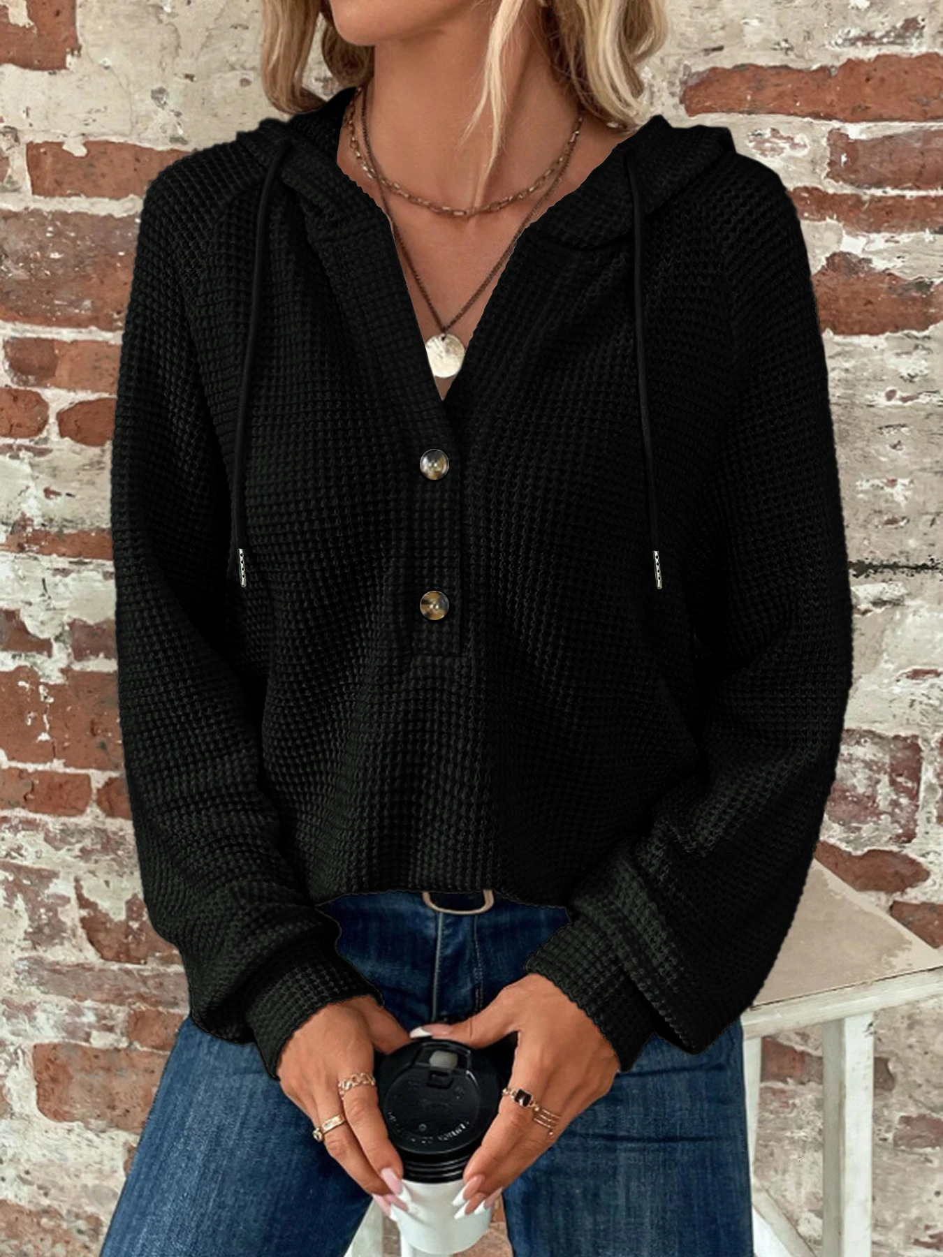 autumnwinter solid color hooded button loose long sleeved hoodie for women 240318