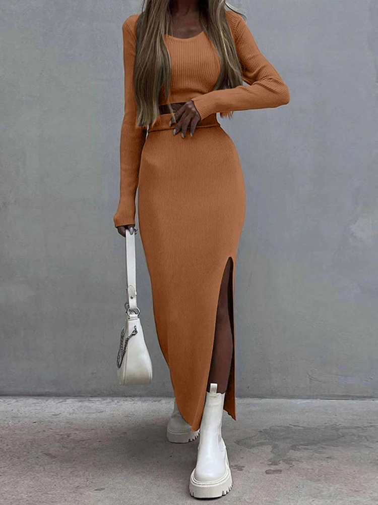 Spring Two Piece Set Knitted Sweater Skirt Suit Streetwear Fashion Long Sleeve Sexy Slim Crop Tops Split Dress 240315