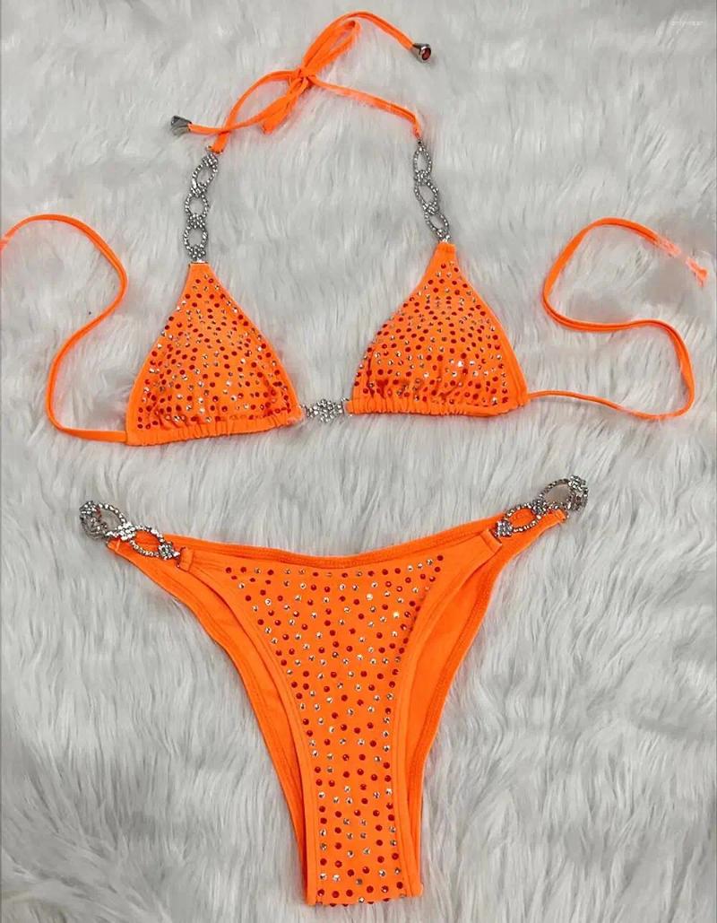 Women's Swimwear 6 Colors Sexy Bikini Hollow Rhinestones Chain Halter Swimsuit Women Bikinis Set Bathing Suit Beach Luxe Female