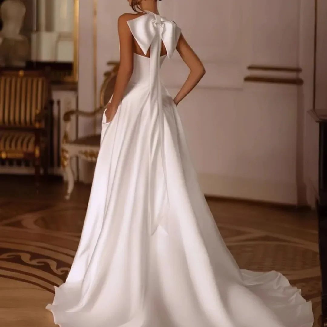 Line Elegant A Dress Halter Bow Satin Wedding Dresses Front Slit Designer Bridal Gowns Country Robe Mariage es