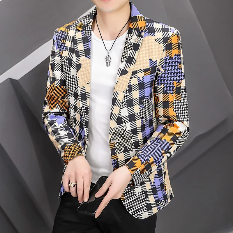 Men Plaid Print Blazer Spring Korean Fashion Casual Slim Suit Jacket Wedding Business Party Streetwear Male Clothing 240318