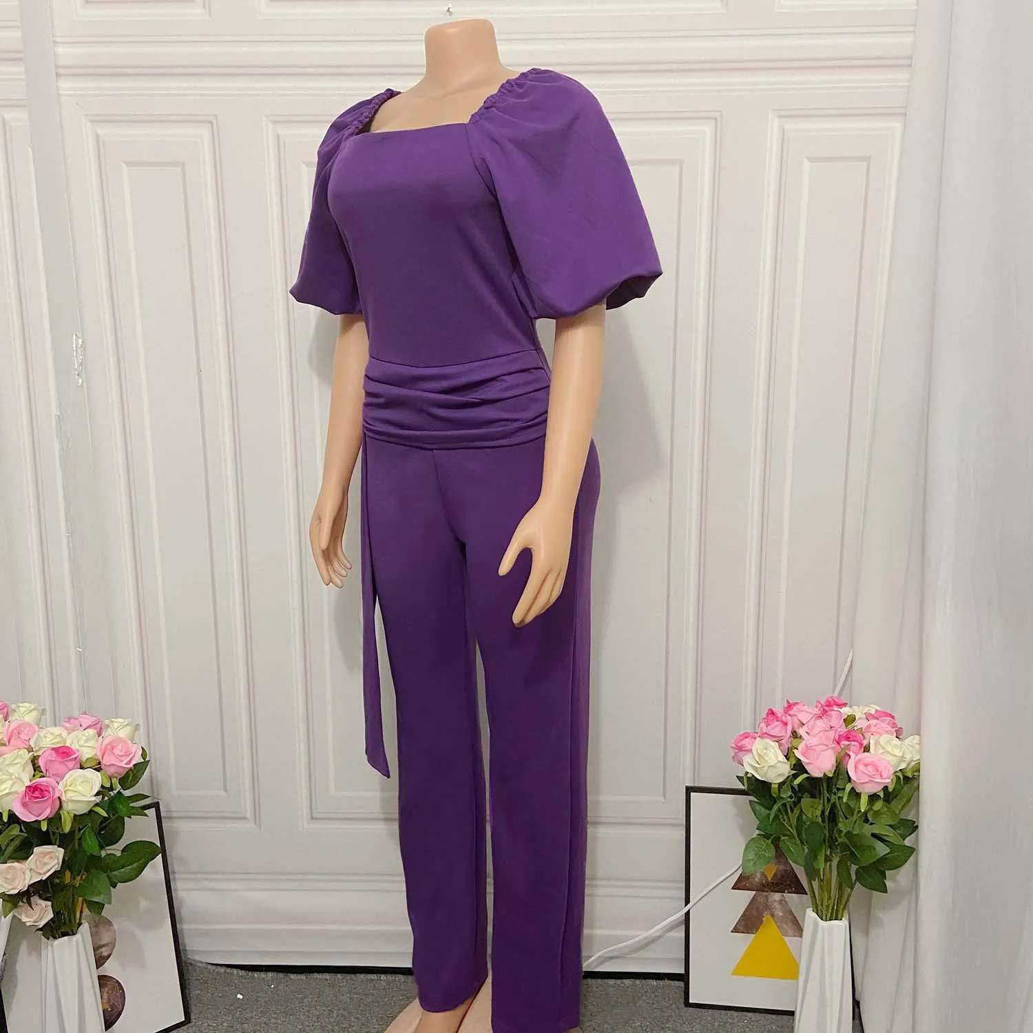 Elegant Jumpsuits Rompers for Women Square Neck Lantern Sleeve High Waisted Solid Straight Female Birthday Party Dinner Outfit 240315