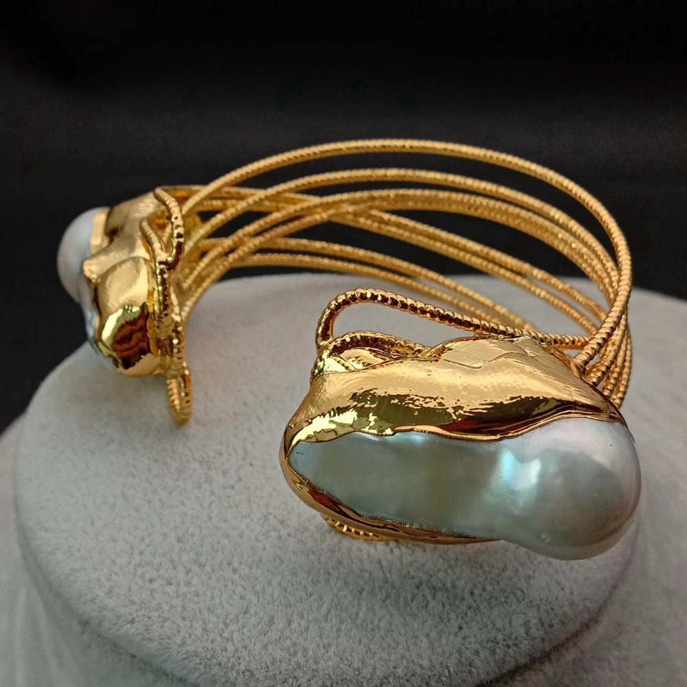 YYING Cultured White Keshi Pearl Bangle Gold color Plated Bracelet 240318