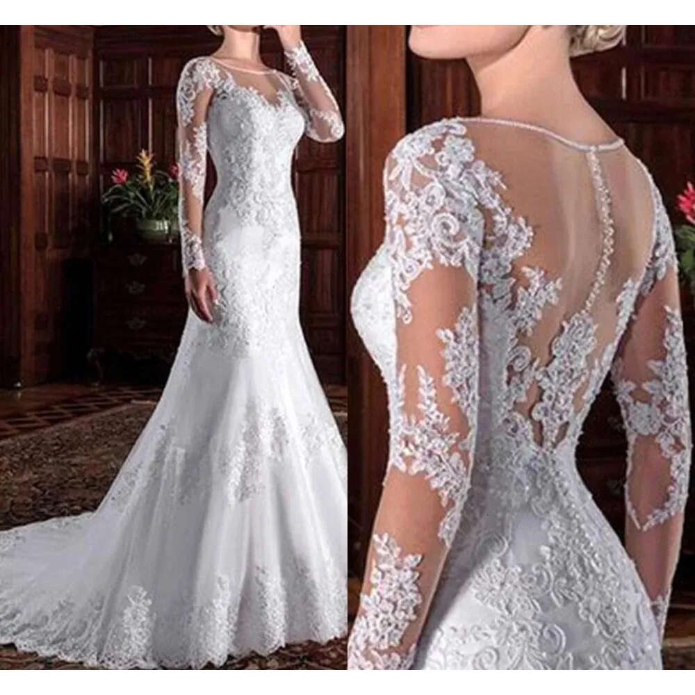 Vintage Long Sleeve Mermaid Wedding Dresses Sheer Jewel Neck Appliques Lace Tulle Bridal Gowns With Button Covered Back Vestido Bc18232