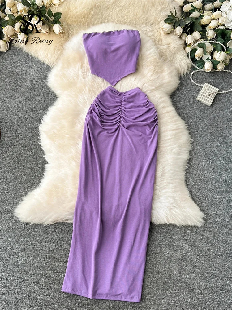 SINGREINY American sweet Beach Suits 2024 Women Strapless Mini CamisFolds Elastic Slim Skirt Streetwear Sexy Two Pieces Sets 240315