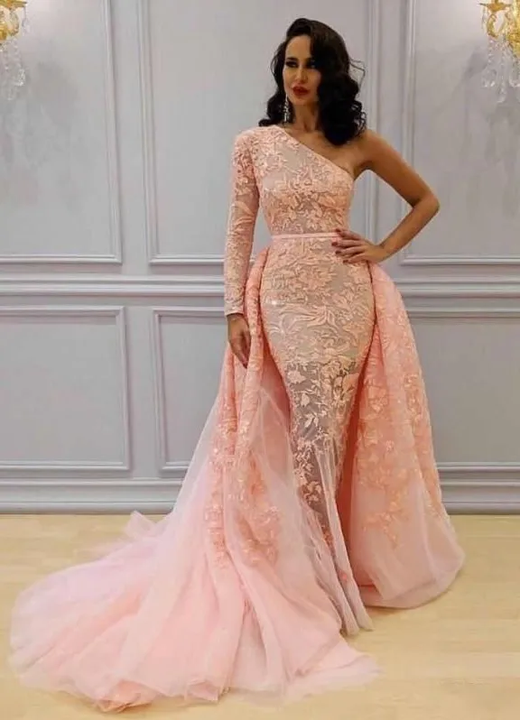 African Peach Pink Overskirts Yousef Aljasmi Prom Dresses Long One Shoulder Mermaid Evening Dress Lace Tulle Party Gowns