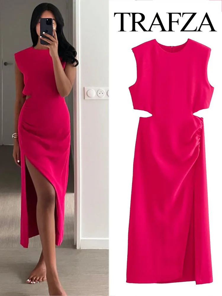 TRAFZA Cut Out Rose Red Dress Woman Ruched Summer Long Dresses For Women Sleeveless Midi Party Elegant Evening 240315