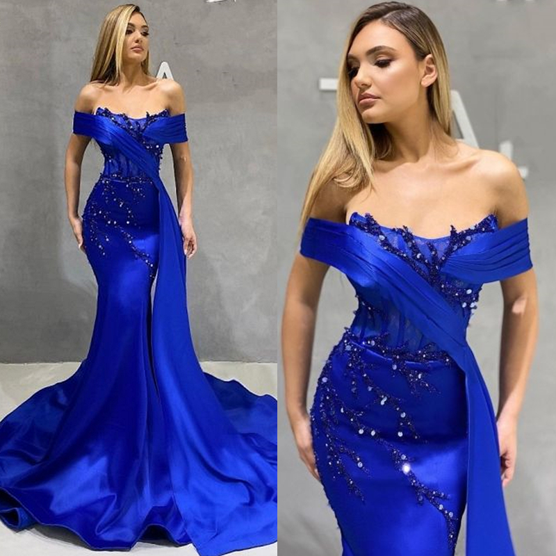 Elegant Royal Blue Mermaid Evening Dresses Beaded Sequins Off The Shoulder Long Satin Formal Party Gown Sexy Prom Dress Special Occasion Wear for Wome