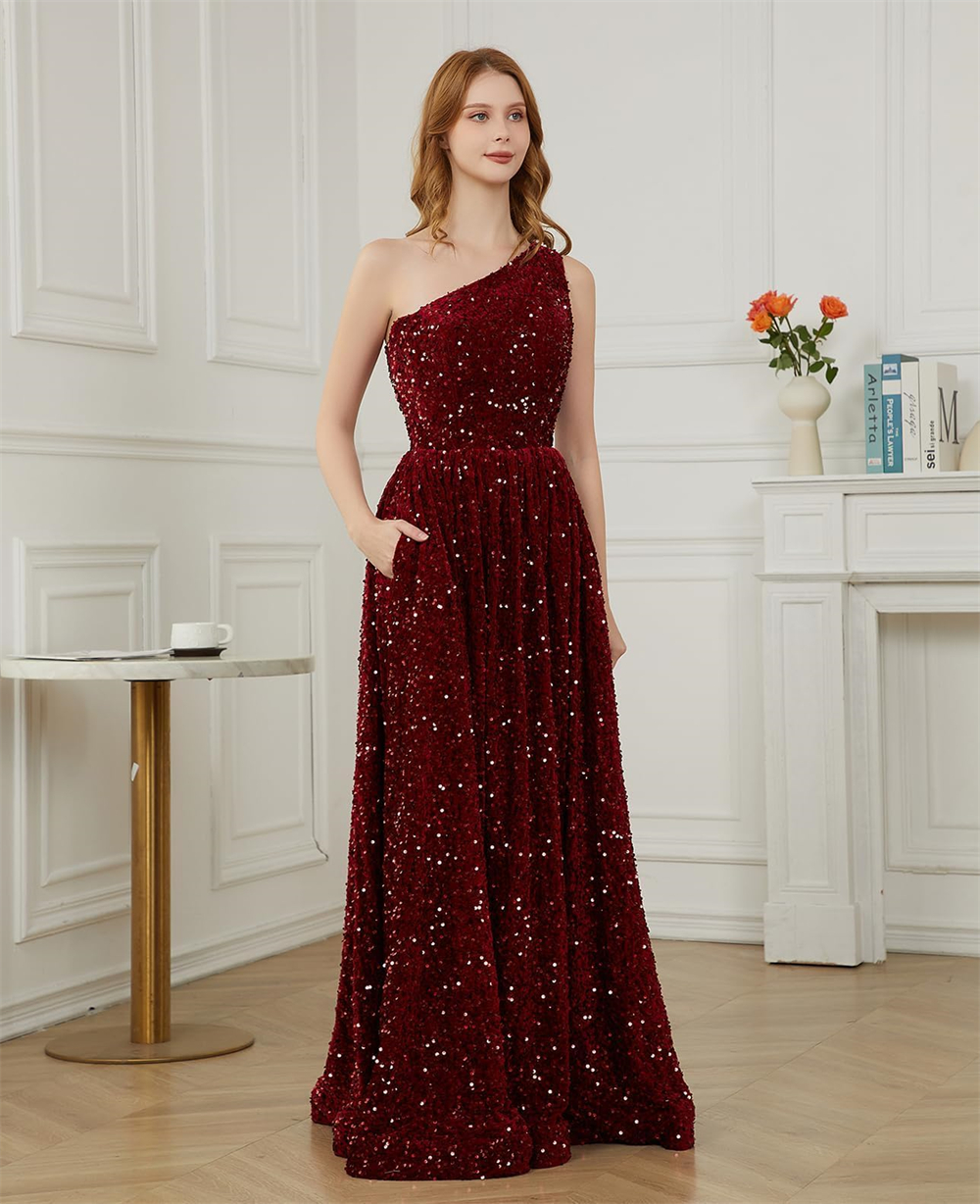 One-Shoulder Long Prom Dresses Sequins A-Line Plus Size Floor-Length Formal Occasion Evening Party Gown Pd04