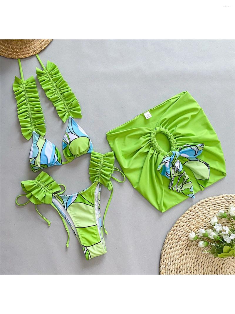 Women's Swimwear Printed Ruffled Frilled With Skirt Bikini Female Swimsuit Women Three-pieces Set Bather Bathing Suit Swim K5231