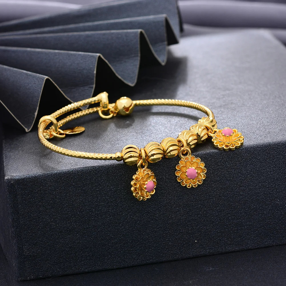 4pcs/Lot Dubai Gold Color Bangles For Baby Chind 3-12Years Girls Flower Wedding Bracelet Bangles Africa Arab Jewelry 240315
