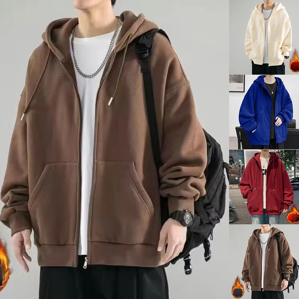 Fashion 5XL Mens Fleece Zipup Hoodie Solid Color Pockets Baggy Sweatshirt Plus Size Hoodies Man Clothing 240315