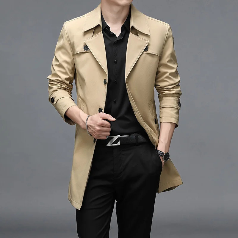 Spring Autumn Long Trench Men Fashion Business Casual Windbreaker Coat Mens Solid Single Breasted Trench Outerwear Plus Size 8Xl 240408