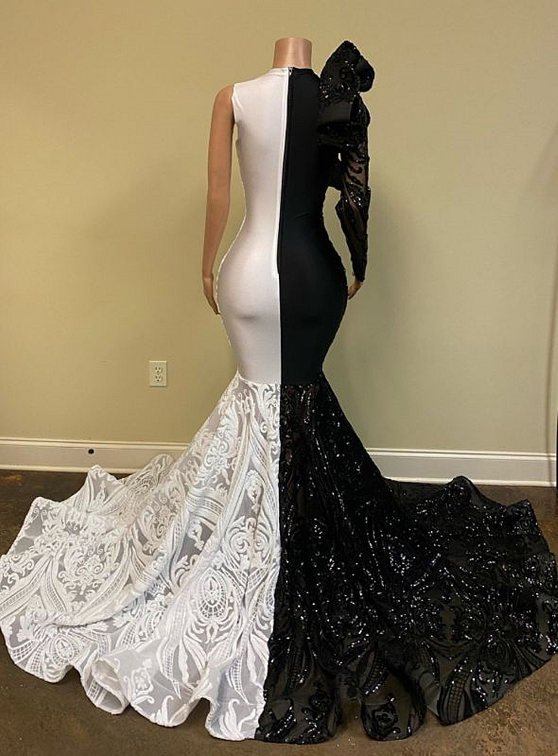 Modern Black And White Sequined Mermaid Prom Dresses For Black Girls Ruffle V-Neck Illusion Sexy Celebrity Evening Gowns Court Train Long Sleeve Glitt