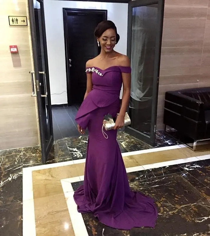 Purple African Mermaid Bridesmaid Dresses Off Shoulder Peplum Sweep Train Appliques Garden Country Wedding Guest Maid of Honor Dress
