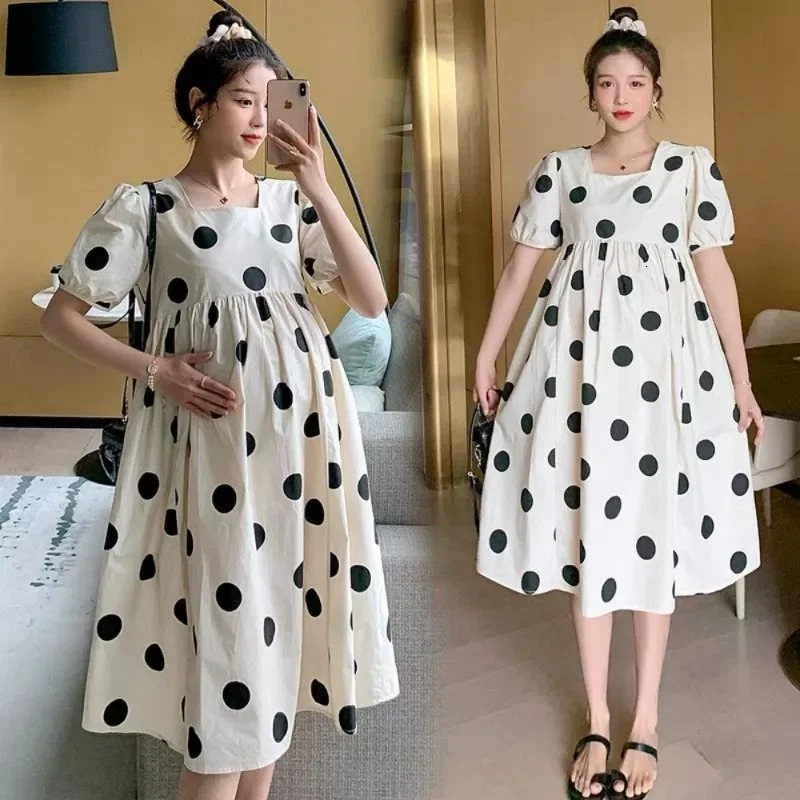 Summer Korean Fashion Polka Dot Printed Maternity Long Dress Casual A Line Loose Clothes for Pregnant Women Pregnancy Vestidos 240309