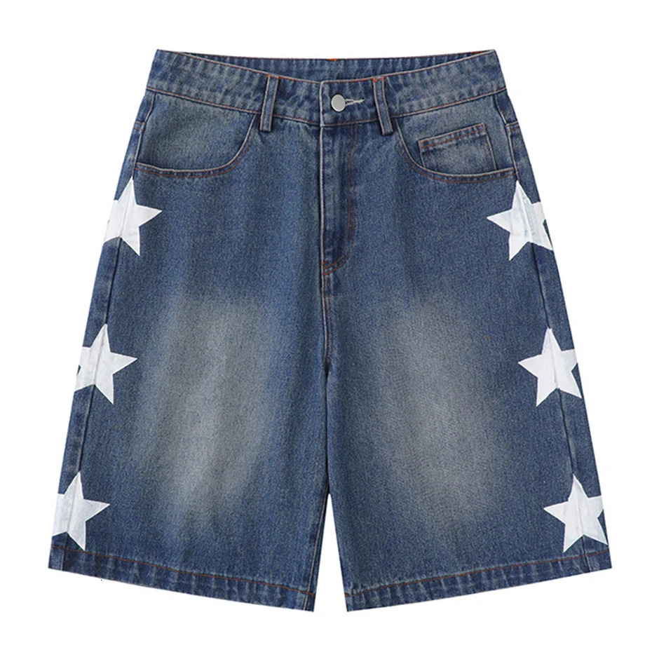 Retro Star Splicing Denim Shorts Men Summer Harajuku Streetwear Jeans Shorts Fashion Casual Loose Blue Denim Shorts Unisex 240319