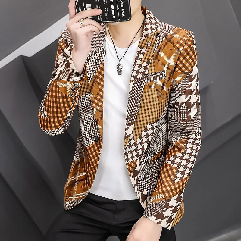 Men Plaid Print Blazer Spring Korean Fashion Casual Slim Suit Jacket Wedding Business Party Streetwear Male Clothing 240318