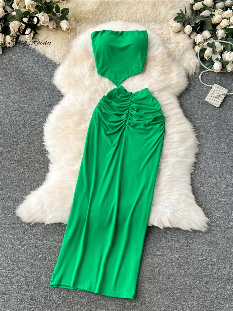 SINGREINY American sweet Beach Suits 2024 Women Strapless Mini CamisFolds Elastic Slim Skirt Streetwear Sexy Two Pieces Sets 240315