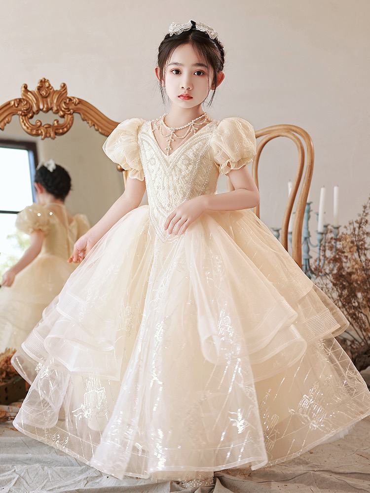 girl pageant Flower Girl Scoop Neck Puff Girls Party Dresses for Wedding princess sequined Short Sleeves Tulle Kids Christmas Ceremonial Dress