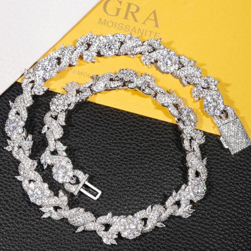 Pass Test 15mm 18-24inch Gold Plated S925 Sterling Silver Moissanite Flower Cuban Chain Necklace Bracelet Links Jewelry For Men Women Nice Gift