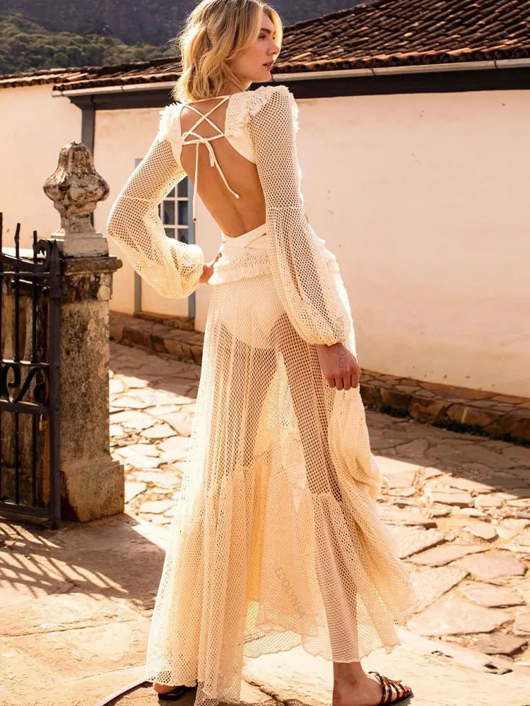 Sexy Deep Vneck Cut Out Long Sleeve Maxi Dress White Lace Tunic Women Clothes Summer Beach Wear Swim Suit Cover Up A1049 240320