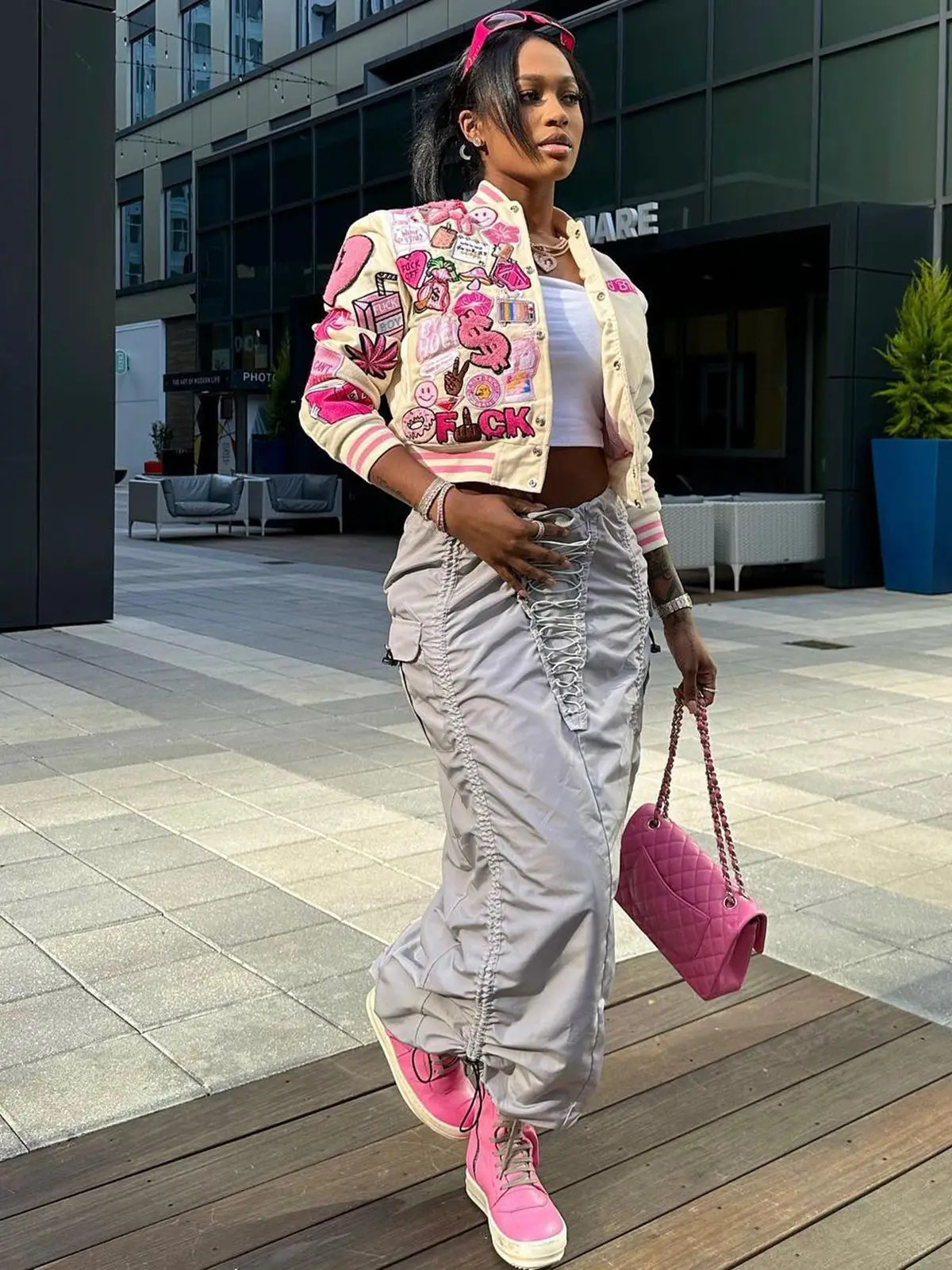 Fashion Print Baseball Jacket Short Stretchy Button Cardican Coat Spring Streetwear Y2K Hip Hop Female Wholesale 240315