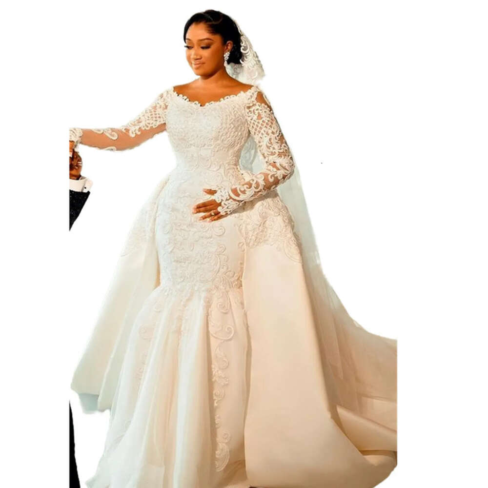Ebi Arabic Aso Oct Plus Size Ivory Mermaid Wedding Dress Lace Long Sleeves Bridal Gowns Dresses ZJ Es 0228Lz
