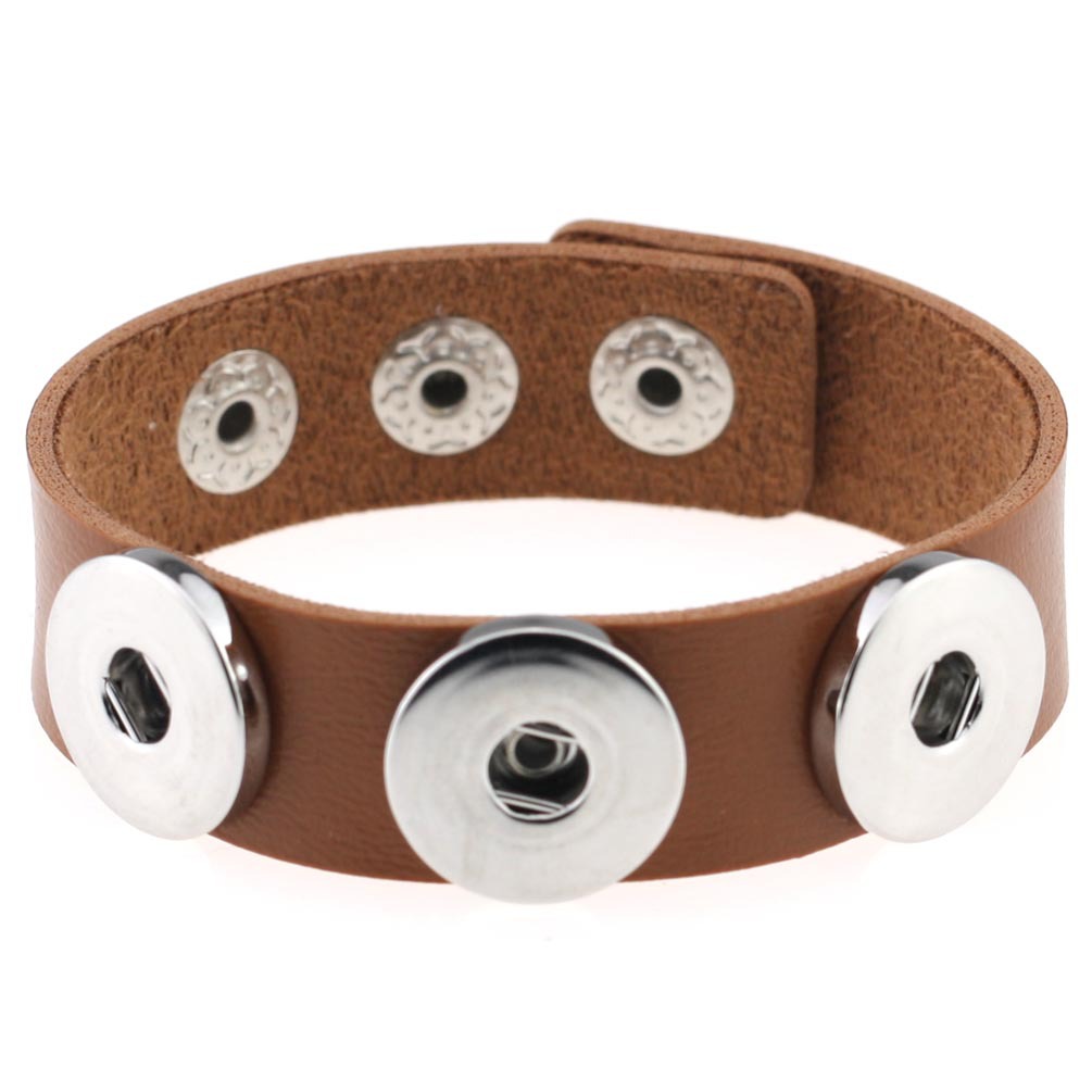 Simple Black Brown Leather 18mm Metal Snap Button Bracelets for Women Men Jewelry