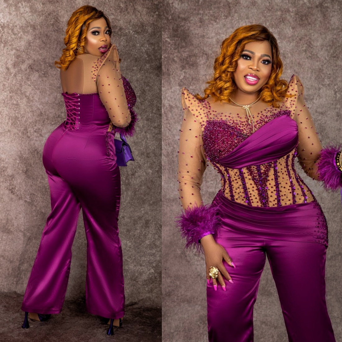 2024 Plus Size Aso Ebi Prom Dresses For Black Women Purple Feathered Jumpsuits Long Sleeves Formal Gowns Beaded Illusion Birthday Dresses Reception Go