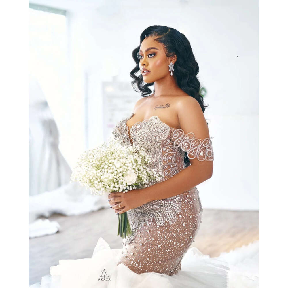 Plus Arabic Aso Ebi Size Urious Mermaid Wedding Dress Beaded Crystals Tulle Detachable Train Tiers Bridal Gowns Dresses ZJ Es 0618