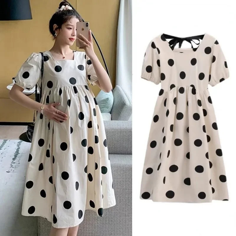 Summer Korean Fashion Polka Dot Printed Maternity Long Dress Casual A Line Loose Clothes for Pregnant Women Pregnancy Vestidos 240309