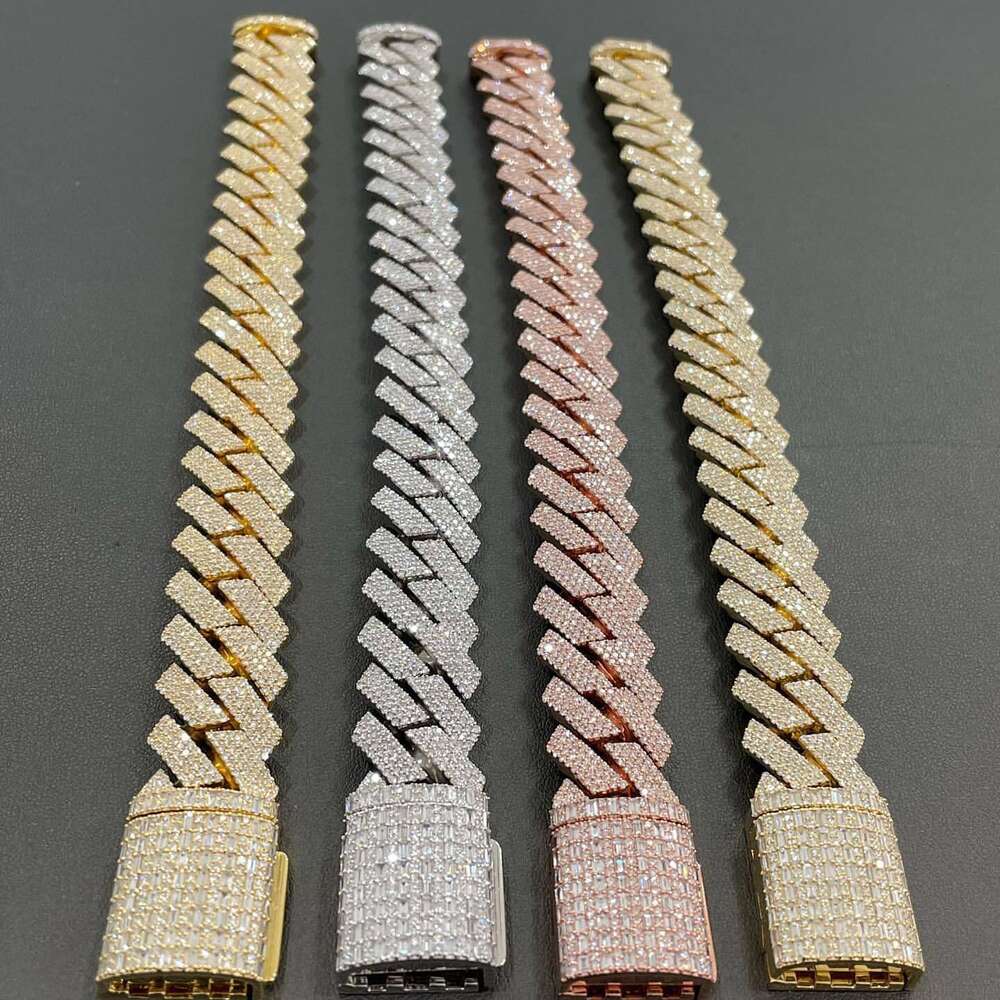 Hip Hop Rapper Jewelry 18mm Cuban Link Vs Moissanites 4rows Emerald Cut Moissanite Cuban Chain Link Bracelet