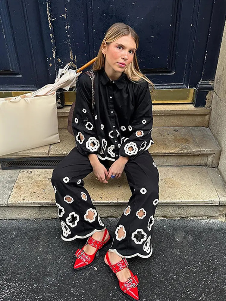 elegant flower hollow out Womens 2piece set chic lapel lantern sleeves shirt loose pants suit spring lady high streetwear 240321