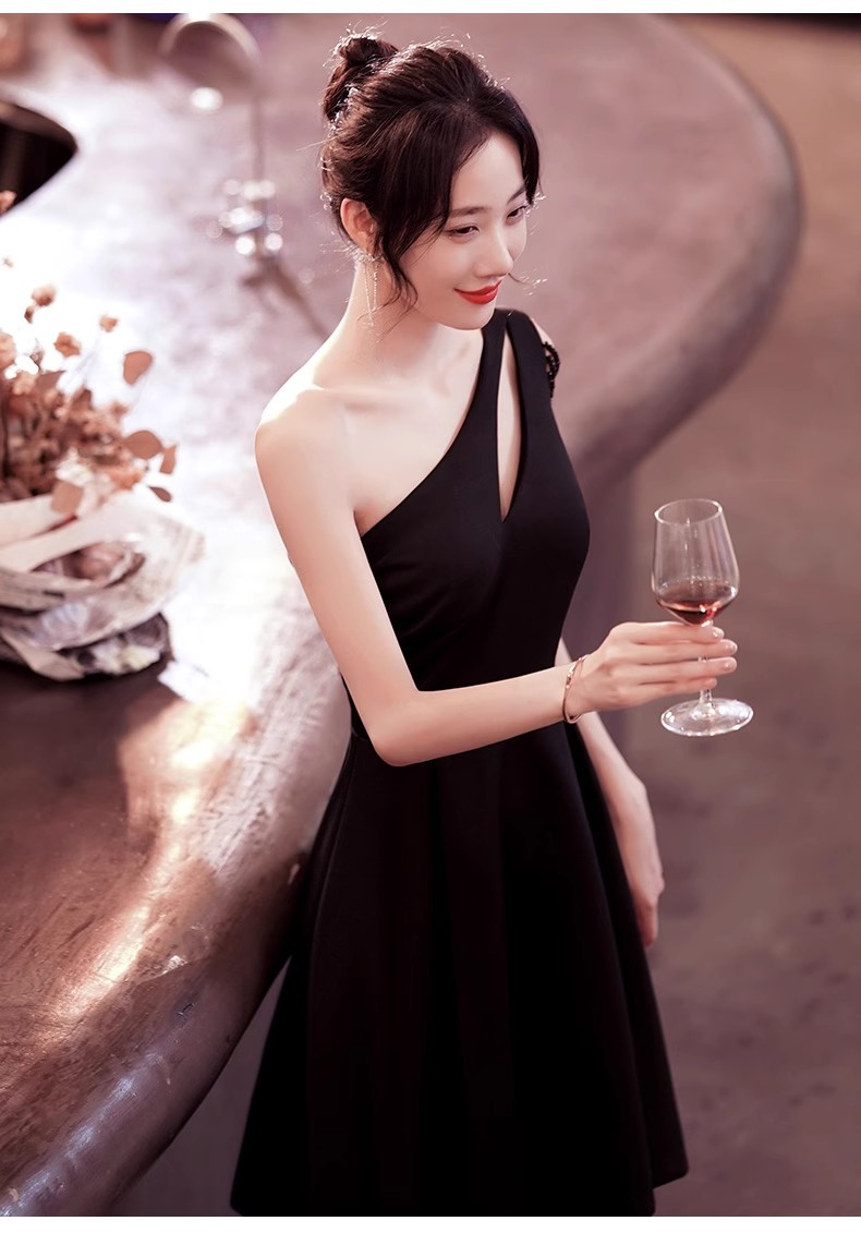 Black Women Short Cocktail Midi Evening Dress one Shoulder A-line Formal Prom Evening Party Ball Gown robe de soiree