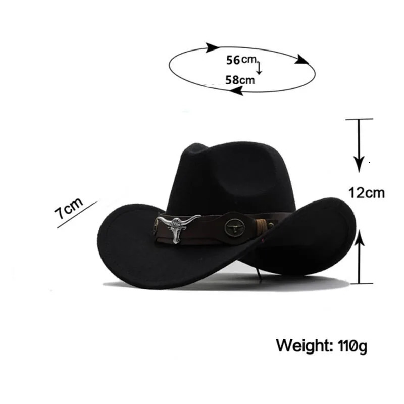 Western Cowboy Hat 3 Sizes Black Woolen Jazz Top Hat Men Ethnic Style Cow Head Ribbon Felt Cap Women Children Riding Fedora Hat 240312