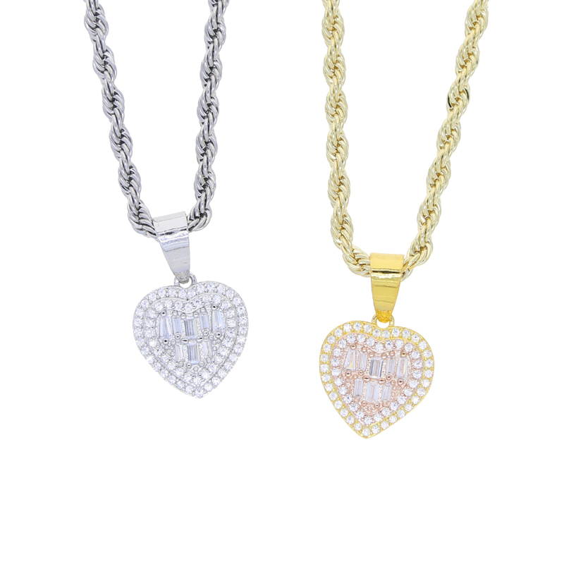 Bling CZ Paved Heart Pendant Necklace Iced Out Cubic Zirconia Hearts Charm Women Lover Hip Hop Wedding Jewelry