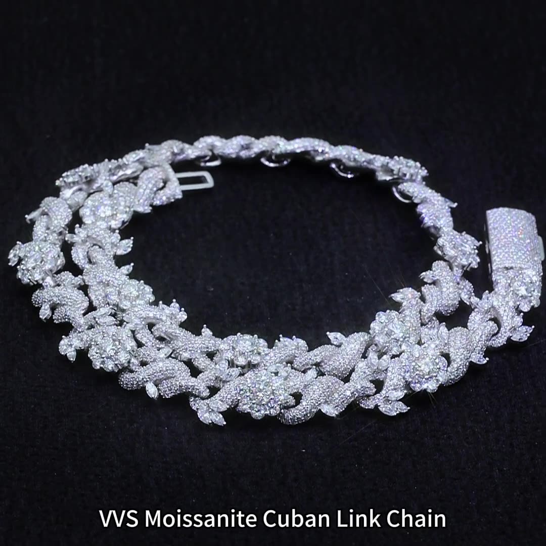 Pass Test 15mm 18-24inch Gold Plated S925 Sterling Silver Moissanite Flower Cuban Chain Necklace Bracelet Links Jewelry For Men Women Nice Gift
