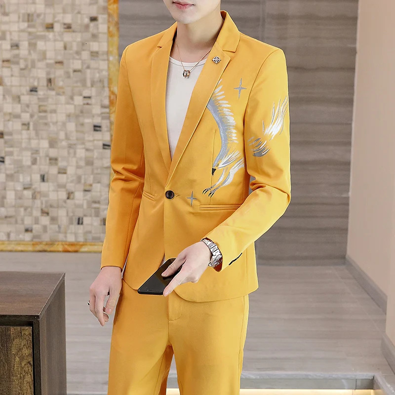 Mens Yellow Printed Suit Jacket and Trousers Spring Autumn Slim Men 2 Piece White Black Blazer Pants 240318