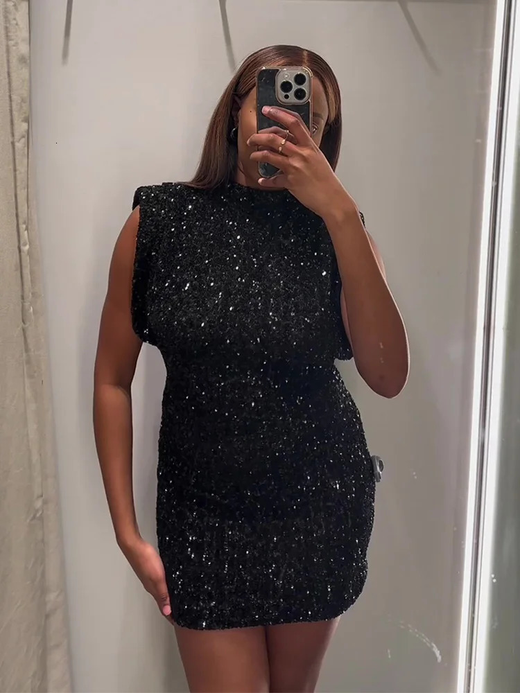Sleeveless Shiny Sequin Mini Dres Elegant High Waist Slim Aline Dresses 2024 Female Party Club Robes 240315