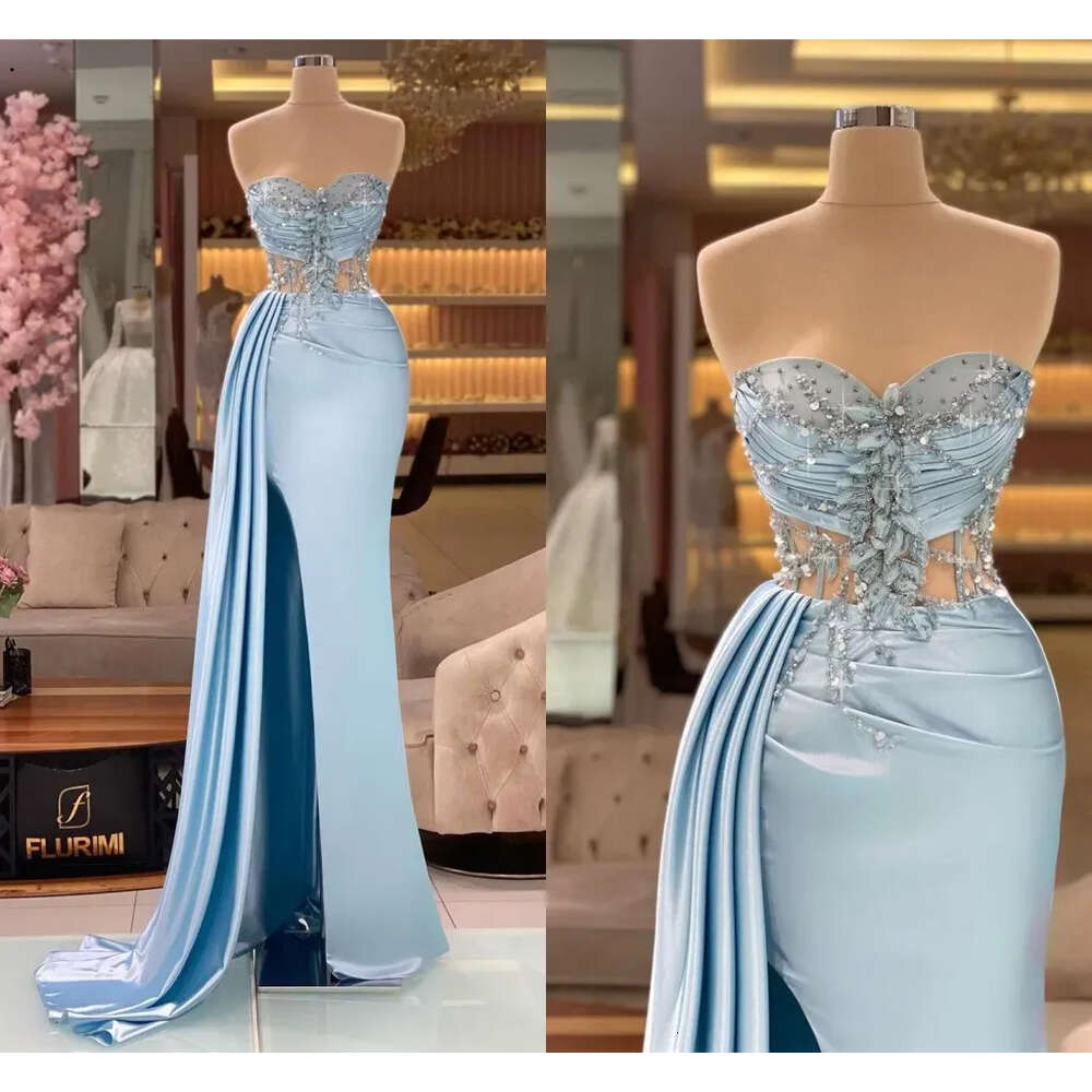 Charming Light Blue Mermaid Evening Illusion Top Crystals Sweetheart Pleats Satin Split Party Ocn Gowns Prom Dresses Wears Bc18178 6660305