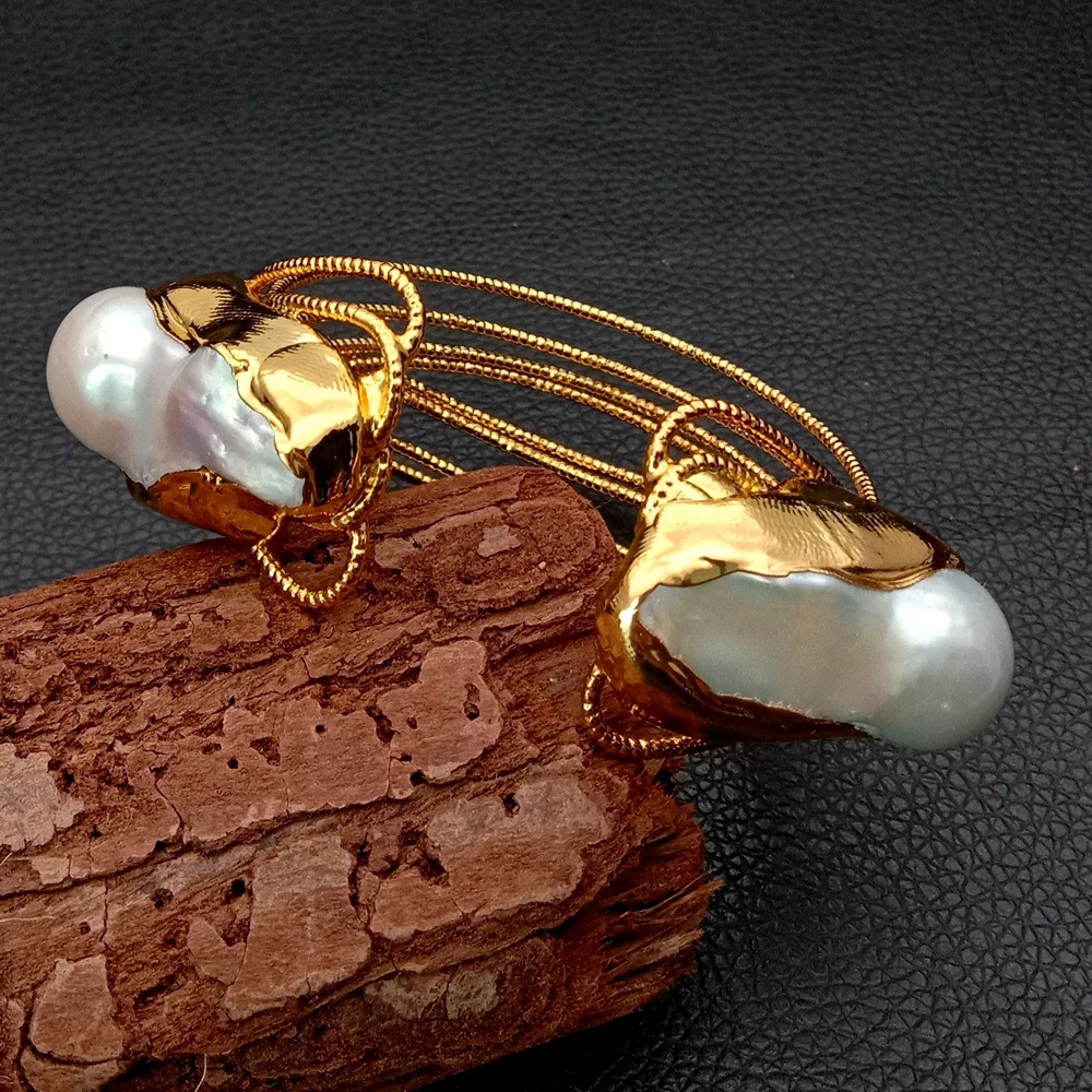 YYING Cultured White Keshi Pearl Bangle Gold color Plated Bracelet 240318